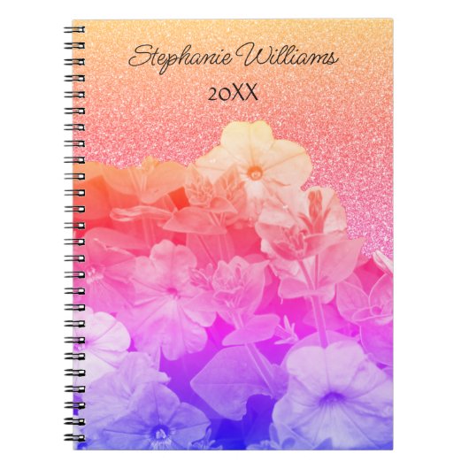 Bloemen Roze Paarse Glittery Custom Name Ombre Sch Notitieboek (Voorkant)