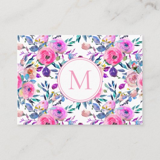 Bloemen Roze Paarse Monogram Waterverf Visitekaartje (Voorkant)