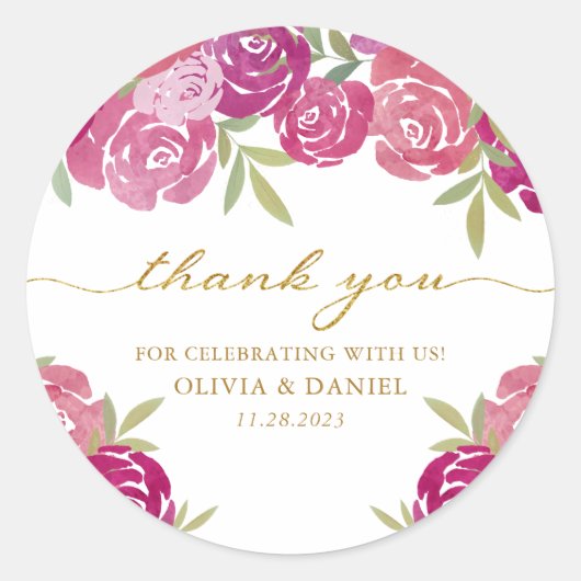 Bloemen Roze & Paarse Waterverf Rozen Dank u Ronde Sticker (Voorkant)