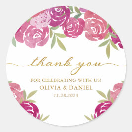 Bloemen Roze & Paarse Waterverf Rozen Dank u Ronde Sticker