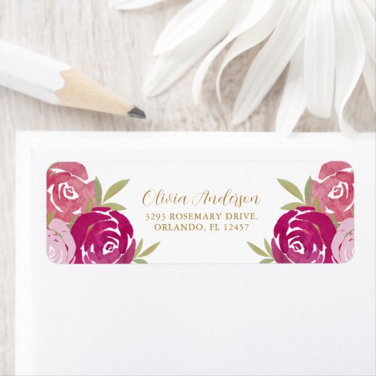 Bloemen Roze & Paarse Waterverf Rozen Etiket (Insitu)