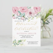 Bloemen roze pioen en gouden kalligrafie pensioen kaart (Staand voorkant)