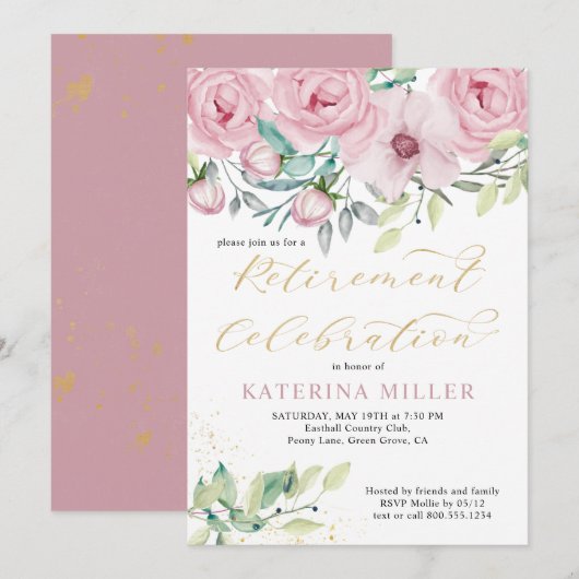 Bloemen roze pioen en gouden kalligrafie pensioen kaart (Voorkant / Achterkant)