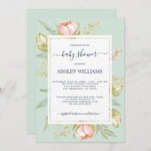 Bloemen Roze Pioen Rustiek Boho Groen Baby shower Kaart (Voorkant / Achterkant)