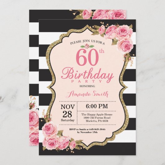 Bloemen Roze pioenen 60e verjaardag Uitnodiging (Voorkant / Achterkant)