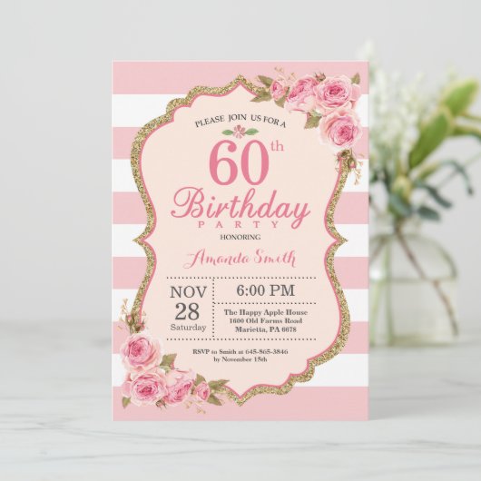 Bloemen Roze pioenen 60e verjaardag Uitnodiging (Staand voorkant)