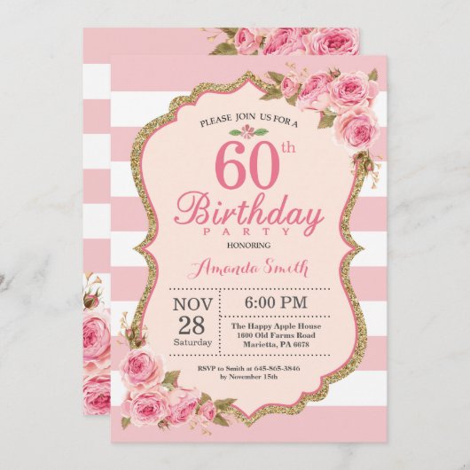 Bloemen Roze pioenen 60e verjaardag Uitnodiging (Voorkant / Achterkant)