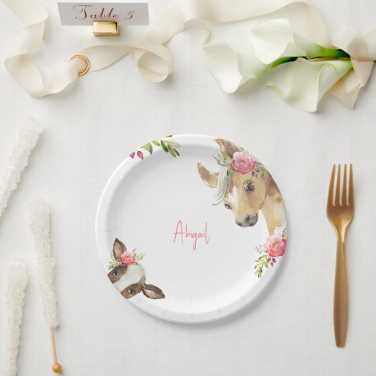 Bloemen Roze Pony & Koe Baby shower Wit Papieren Bordje (Huwelijk)