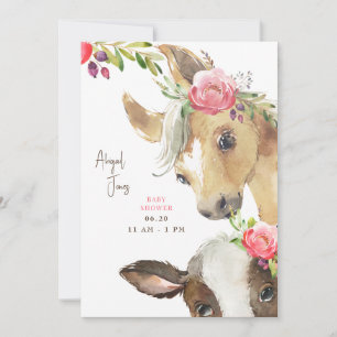 Bloemen Roze Pony & Koe II Baby shower Kaart