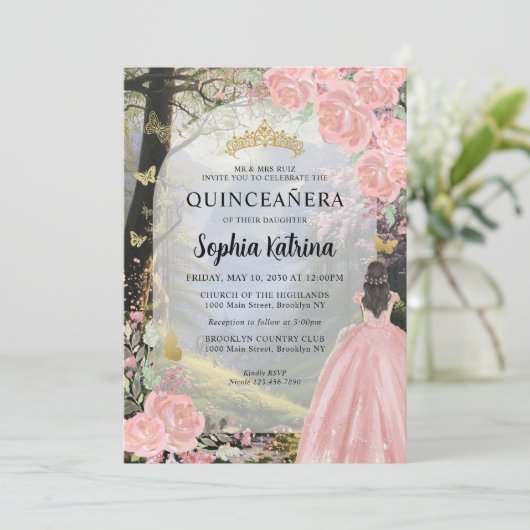 Bloemen Roze Prinses Bos Verjaardag Quinceanera Kaart (Staand voorkant)