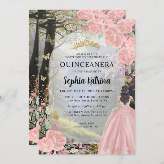 Bloemen Roze Prinses Bos Verjaardag Quinceanera Kaart (Voorkant / Achterkant)