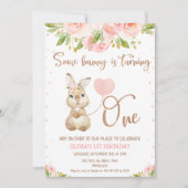 Bloemen Roze Rose Goud Sommige Bunny 1e Verjaardag Kaart (Voorkant)