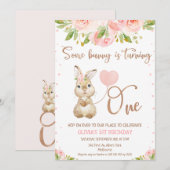 Bloemen Roze Rose Goud Sommige Bunny 1e Verjaardag Kaart (Voorkant / Achterkant)