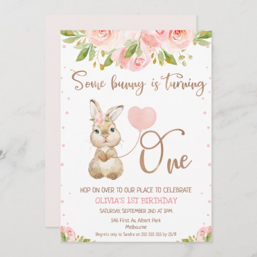 Bloemen Roze Rose Goud Sommige Bunny 1e Verjaardag Kaart (Voorkant / Achterkant)