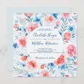 Bloemen Roze Rozen Blauw Bloemen Waterverf Bruilof Kaart (Voorkant / Achterkant)