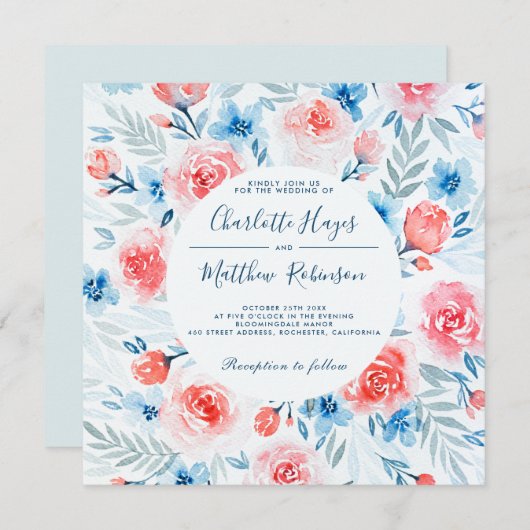 Bloemen Roze Rozen Blauw Bloemen Waterverf Bruilof Kaart (Voorkant / Achterkant)