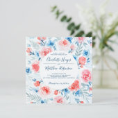 Bloemen Roze Rozen Blauw Bloemen Waterverf Bruilof Kaart (Staand voorkant)