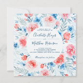 Bloemen Roze Rozen Blauw Bloemen Waterverf Bruilof Kaart (Voorkant)