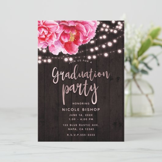 Bloemen Roze Rustiek Hout Lights Graduation Party Kaart (Staand voorkant)