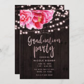 Bloemen Roze Rustiek Hout Lights Graduation Party Kaart (Voorkant / Achterkant)