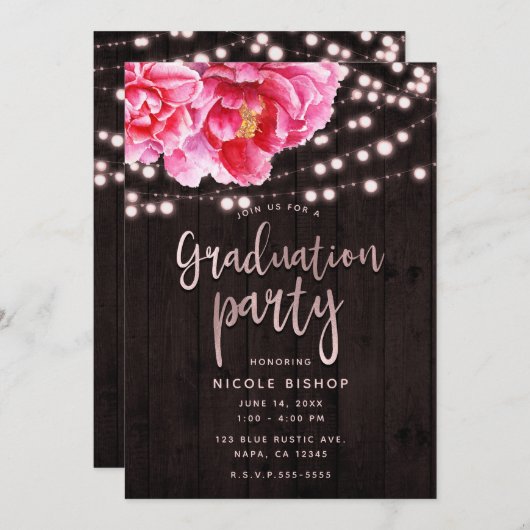 Bloemen Roze Rustiek Hout Lights Graduation Party Kaart (Voorkant / Achterkant)