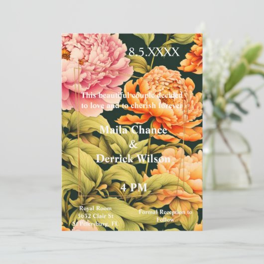 Bloemen Roze Sinaasappel Groen Lijst Elegante brui Kaart (Staand voorkant)