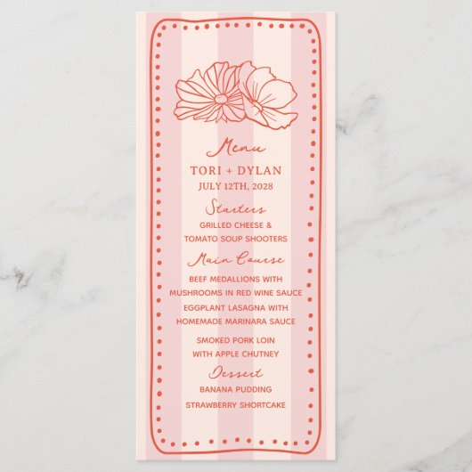 Bloemen roze streep tropische bruiloft menu (Voorkant)