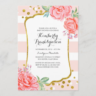 Bloemen Roze Strepen Goud Confetti Baby shower Kaart