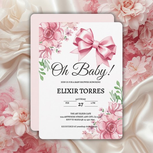 Bloemen Roze strik Baby shower Kaart