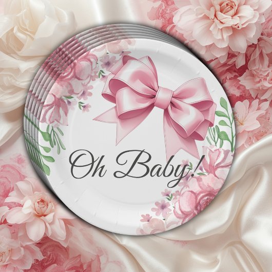 Bloemen Roze strik Baby shower Papieren Bordje
