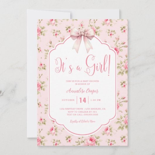 Bloemen Roze strik Het is een meisje Baby shower Kaart (Voorkant)