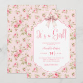 Bloemen Roze strik Het is een meisje Baby shower Kaart (Voorkant / Achterkant)