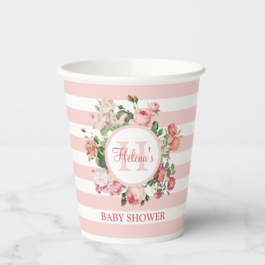  bloemen Roze stripes Monogram Baby shower Papieren Bekers (Links)