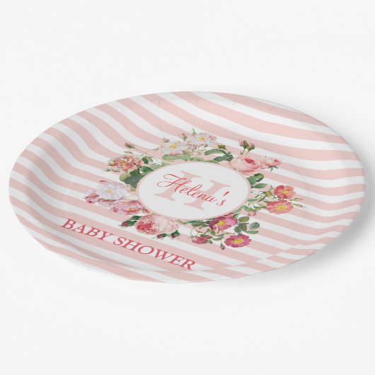  bloemen Roze stripes Monogram Baby shower Papieren Bordje (Gekanteld)