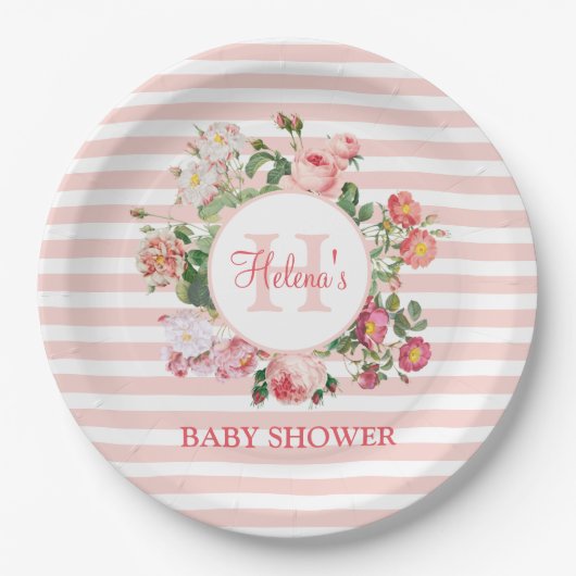  bloemen Roze stripes Monogram Baby shower Papieren Bordje (Voorkant)