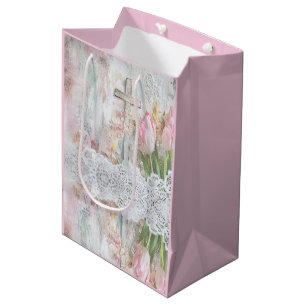 Bloemen Roze Tulp Cross Lace Decoupage Medium Cadeauzakje