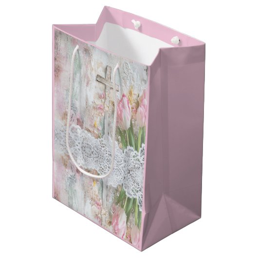 Bloemen Roze Tulp Cross Lace Decoupage Medium Cadeauzakje (Voorkant Gekanteld)
