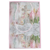 Bloemen Roze Tulp Cross Lace Decoupage Medium Cadeauzakje (Voorkant)