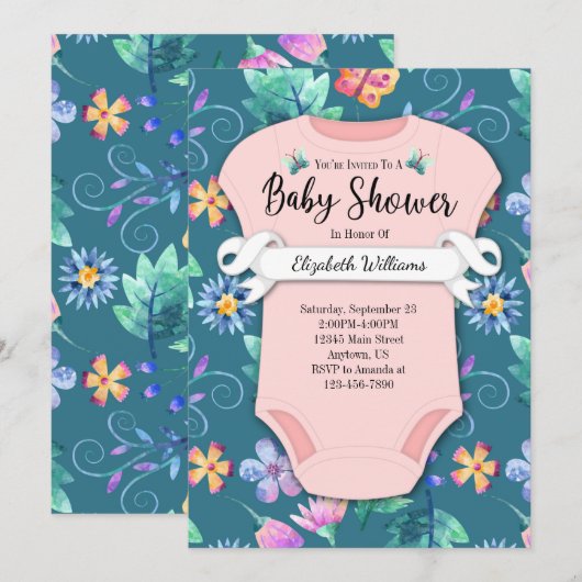 Bloemen Roze Turquoise Blauwe Bloemige Baby Shower Kaart (Voorkant / Achterkant)