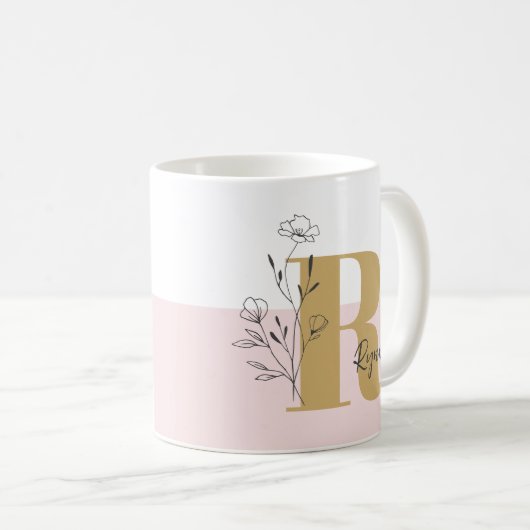 Bloemen Roze Vette Monogram Naam Koffiemok (Voorkant rechts)