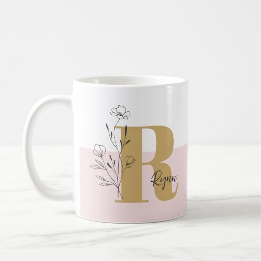 Bloemen Roze Vette Monogram Naam Koffiemok (Links)