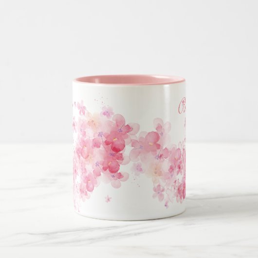 Bloemen Roze Waterverf Beste 2e Neef Ooit Tweekleurige Koffiemok (Center)
