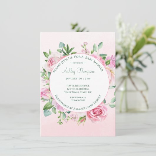 Bloemen Roze Waterverf Meisjes Baby shower Kaart (Staand voorkant)