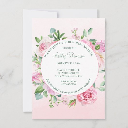 Bloemen Roze Waterverf Meisjes Baby shower Kaart (Voorkant)