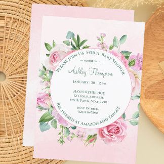 Bloemen Roze Waterverf Meisjes Baby shower Kaart