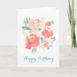 Bloemen Roze Waterverf Verjaardag Elegant Kaart
