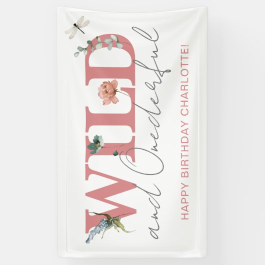 Bloemen Roze Wild & Onederful Meisje 1e Verjaardag Spandoek (Verticaal)