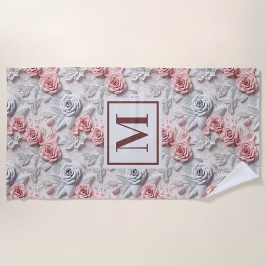 Bloemen roze wit monogram initiaal strandlaken (Voorkant)