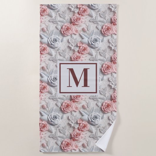 Bloemen roze wit monogram initiaal strandlaken (Voorkant)