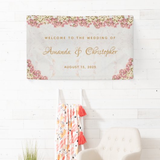 Bloemen Roze Wit Orchideeën Marmeren Script Bruilo Spandoek (Insitu)
